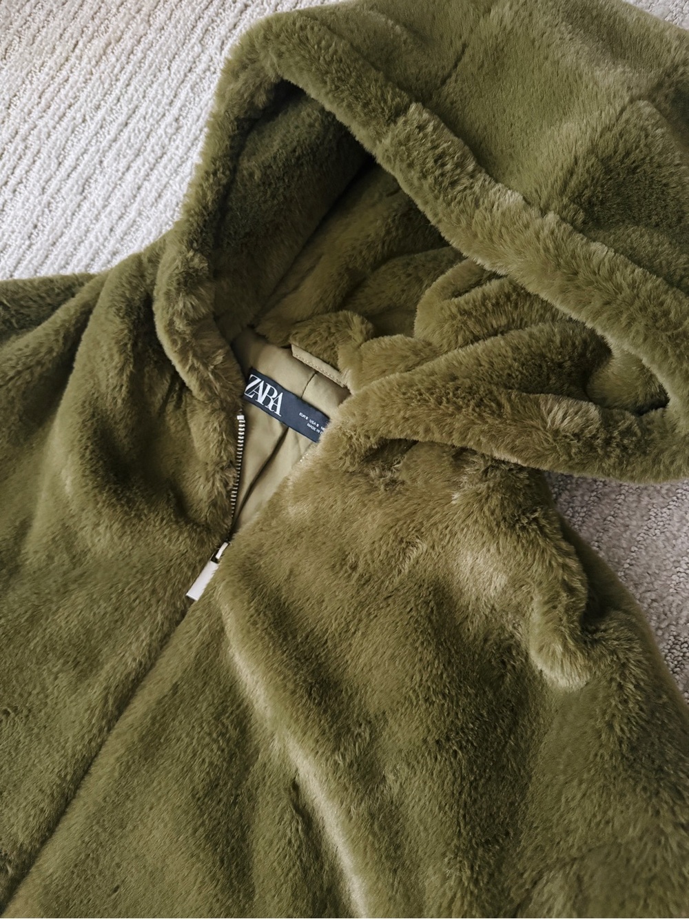 Zara Womans- Olive Green Faux-Fur Hooded Puffer